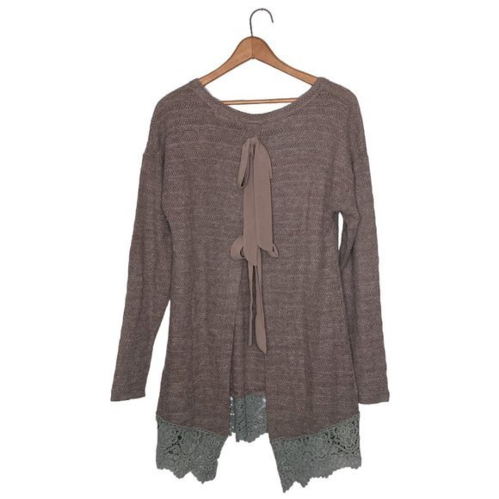 Anthropologie S A'reve Brown Wool Blend Knit‎ Bow Back Crochet Lace Trim Sweater